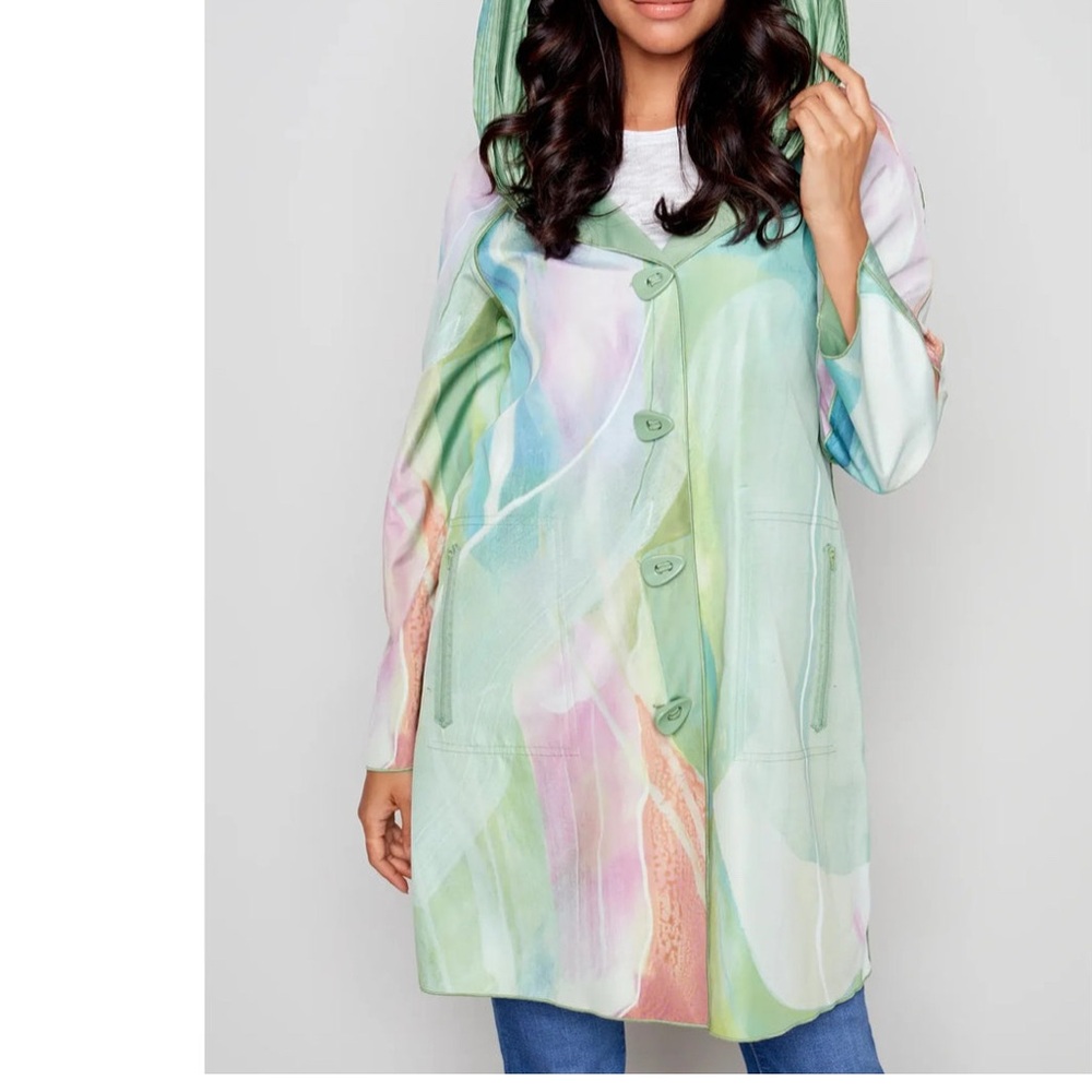 Reversible Green & Purple Trench Coat, pastel watercolour Design, wearable art